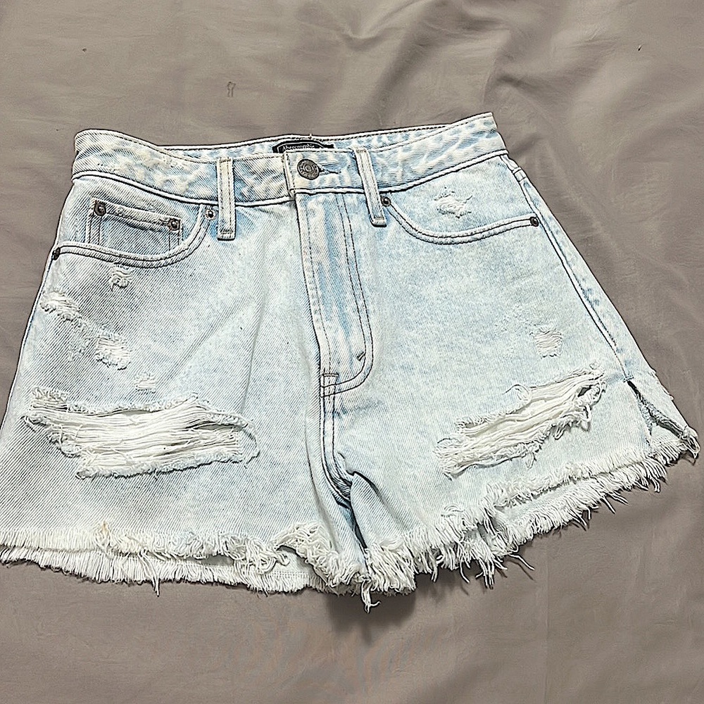A&F high waist ripped fringe denim jean shirt